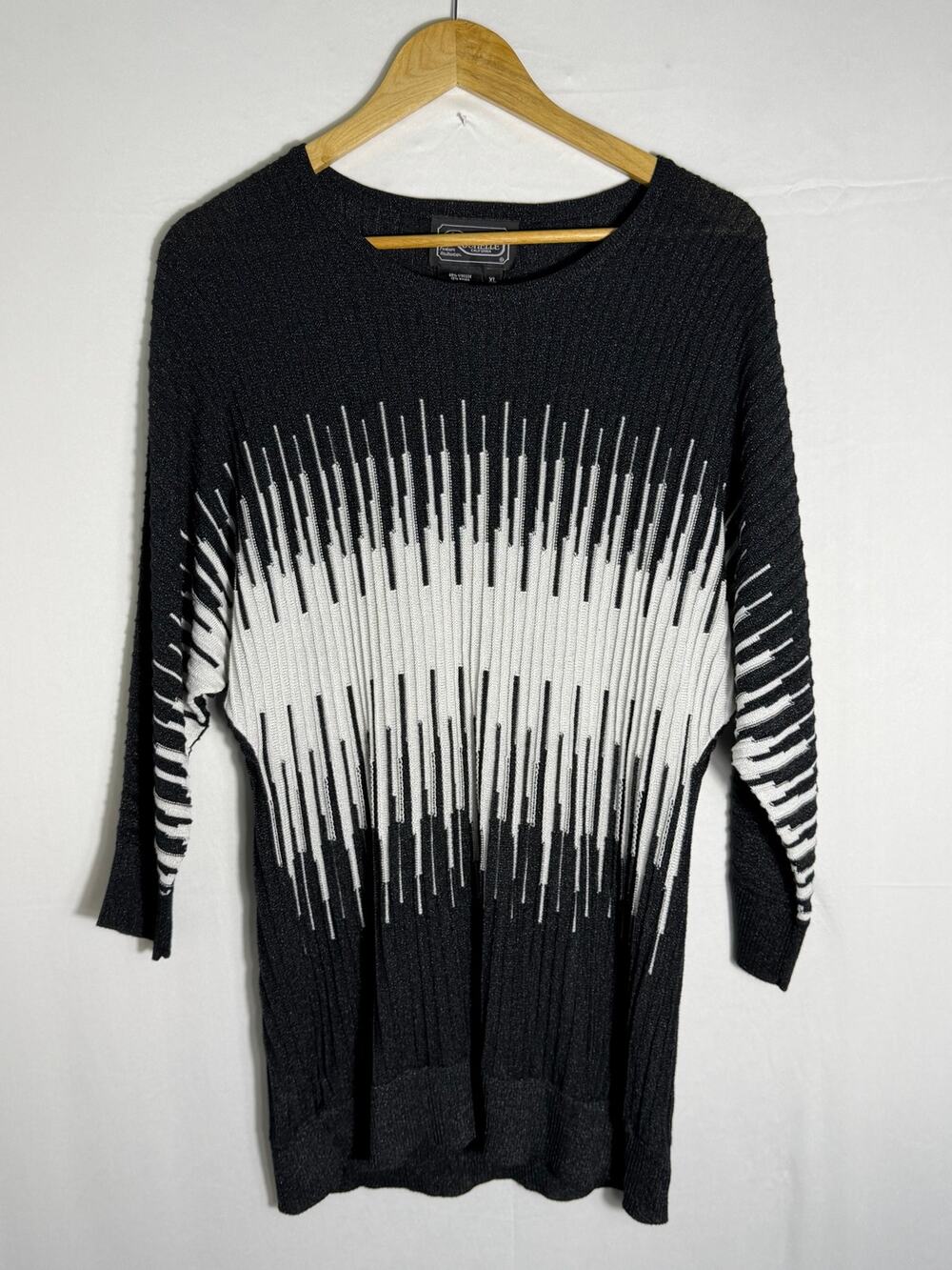 Rochelle XL Black White Abstract Geometric Knit Sweater 3/4 Sleeve
